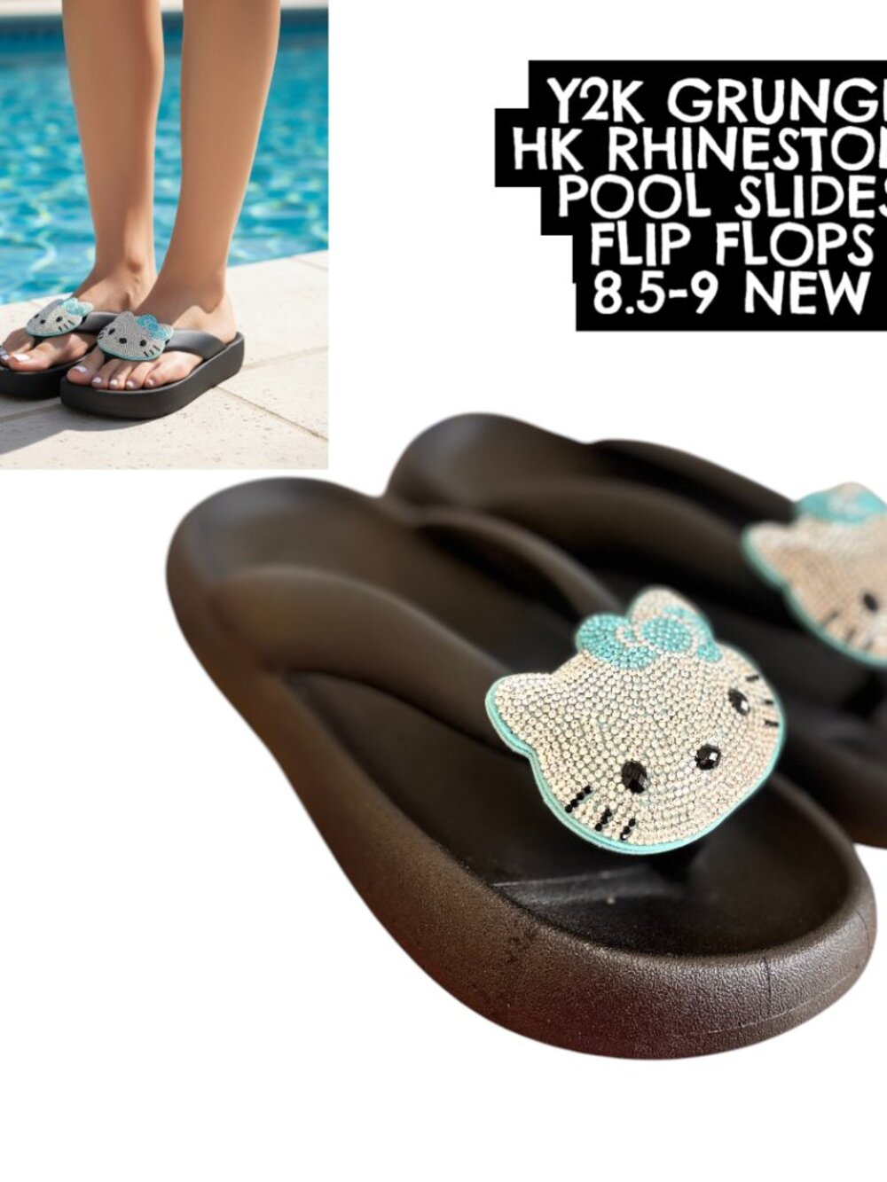 💎 CYBER Y2K Hello Kitty Rhinestone "Cloud" Slides Flip flops pool shoes 8.5-9💎